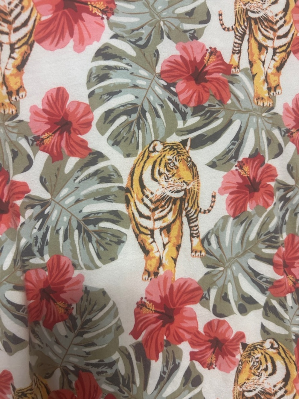 No Boundaries Tropical Tiger Cotton Tee with Red Hibiscus Short Sleeve Comfy S